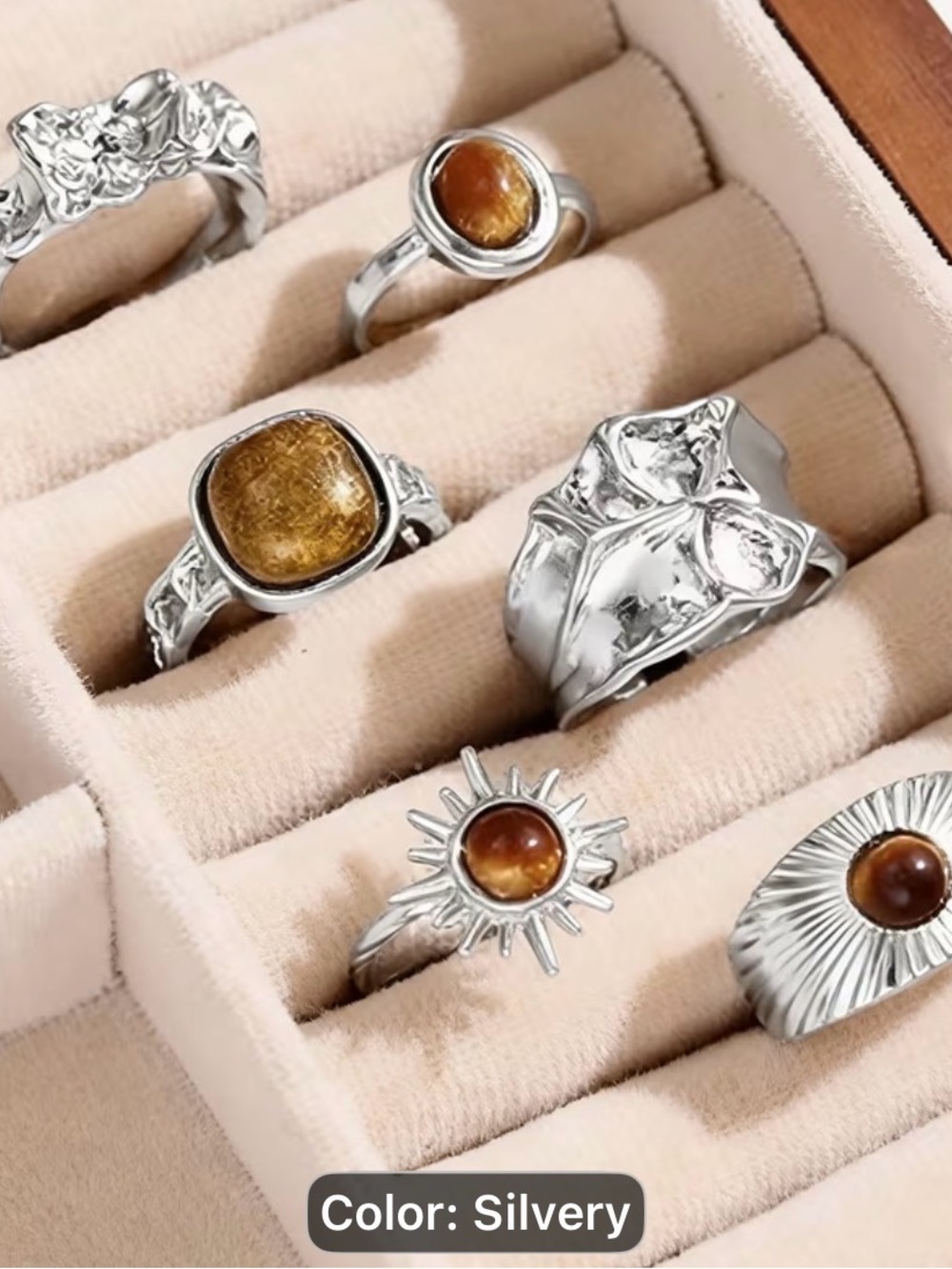 6PCS Silver Sunburst Ring with Amber Stone - Silver-Teenage Rings
